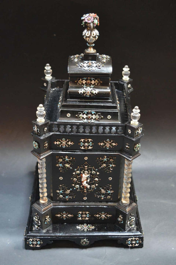 19th Century Austrian Ebony Jewelry Box Mounted in Rock Crystal with Enamel