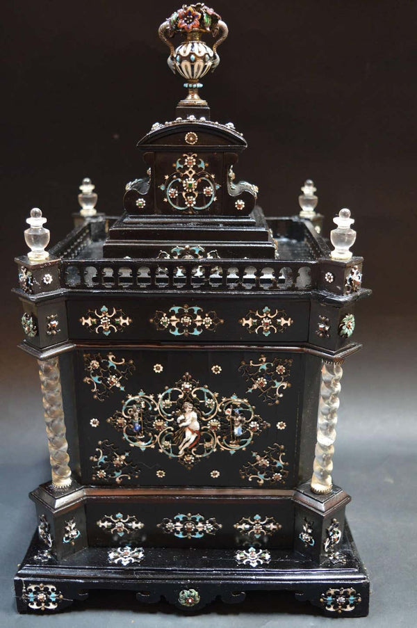 19th Century Austrian Ebony Jewelry Box Mounted in Rock Crystal with Enamel