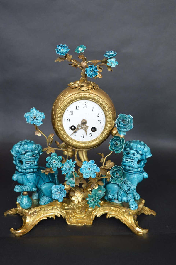 Rococo Chinosoiserie Style Three-Piece Gilt Bronze and Porcelain Clock Garniture