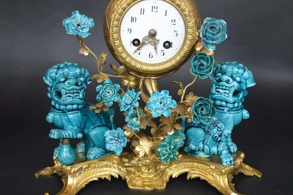 Rococo Chinosoiserie Style Three-Piece Gilt Bronze and Porcelain Clock Garniture