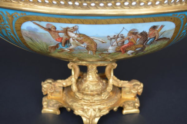 Sevres Style Parcel-Gilt Ormolu Mounted Enameled Blue Celeste Bowl