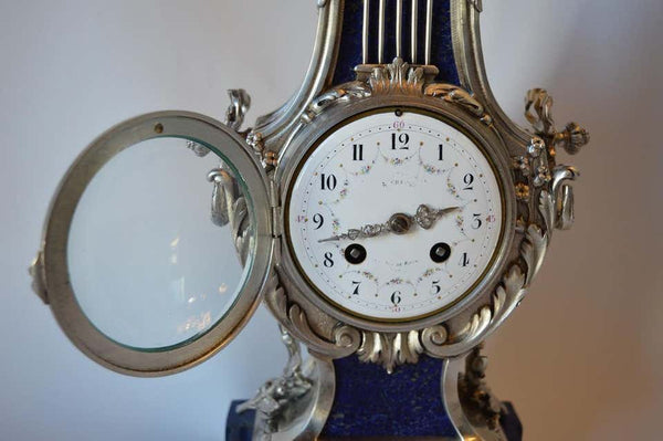 Louis XVI Style Silvered Metal and Lapis Lazuli Mantle Clock by A.