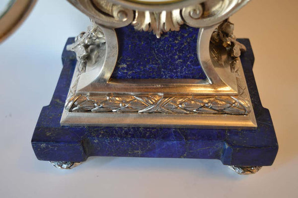 Louis XVI Style Silvered Metal and Lapis Lazuli Mantle Clock by A.