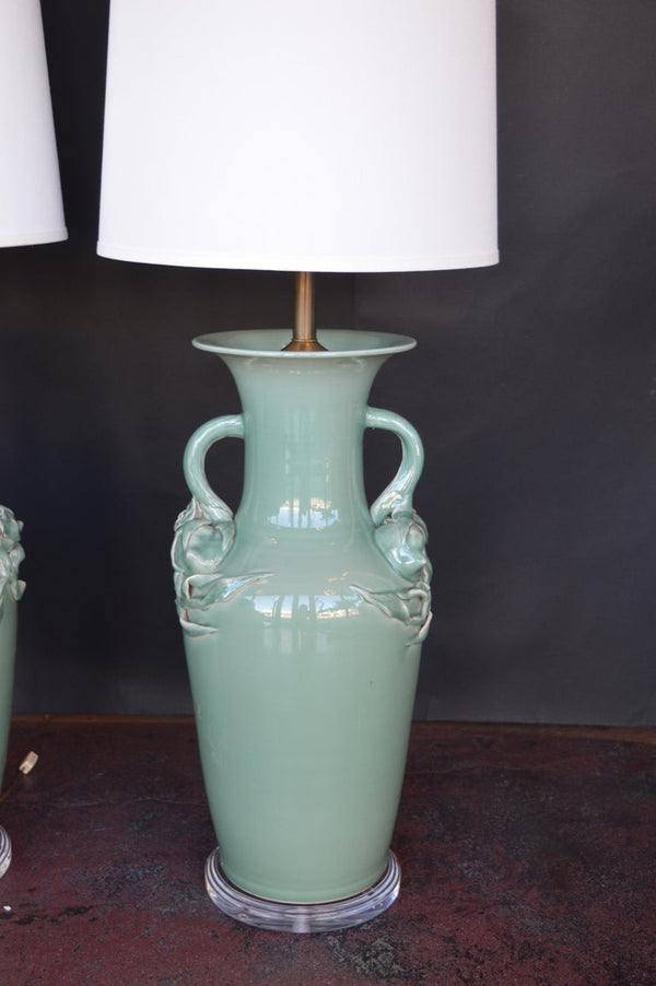 Pair of Oversized Celadon Glazed Table Lamps