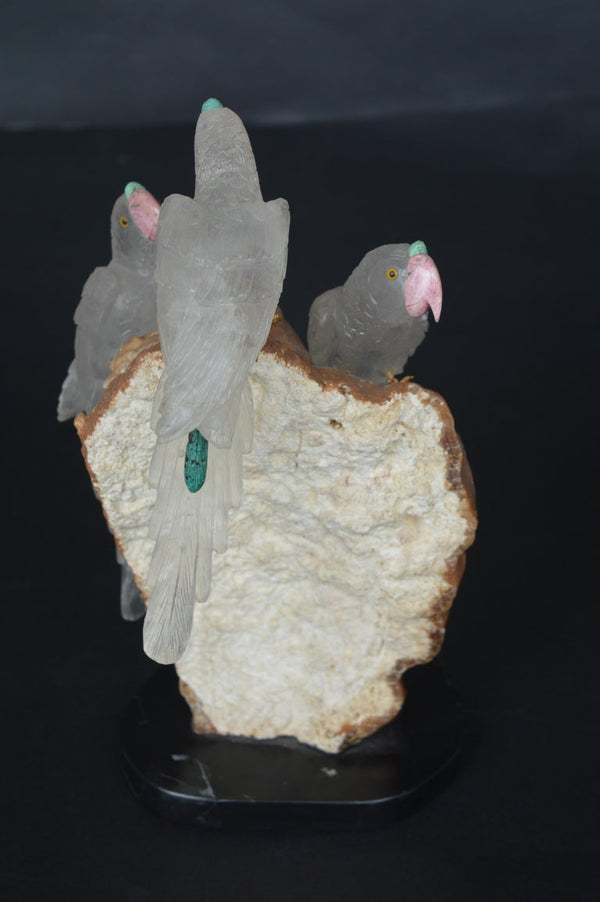 Sculpture of 3 Rock Crystal Parakeets