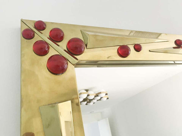 Italian Deco Mirror on Polished Brass w/ Ruby Red Murano Glass, 1980s