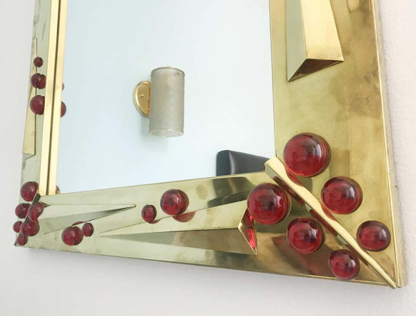 Italian Deco Mirror on Polished Brass w/ Ruby Red Murano Glass, 1980s