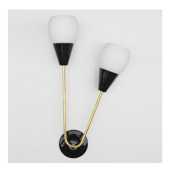 Four Limited Edition Italian Sconces W / Frosted White Murano Glasses & Black Enameled Brass