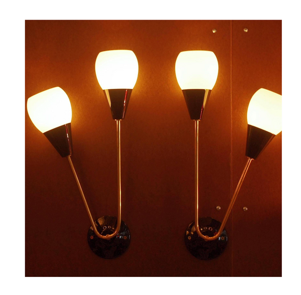 Four Limited Edition Italian Sconces W / Frosted White Murano Glasses & Black Enameled Brass
