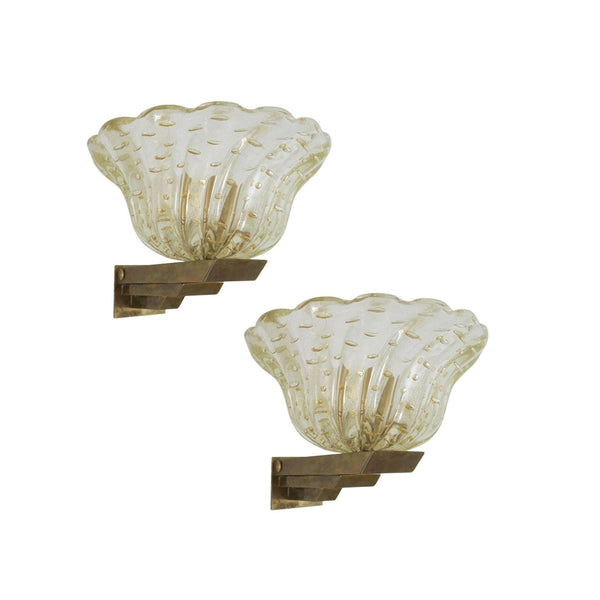 Pair of Italian Sconces w/ Murano Glass Designed by Barovier e Toso, 1930s