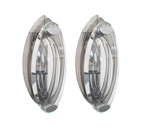 Pair of Italian Sconces, Wall Lights, Smoky & Clear Oval Beveled Glass, Cristal Art