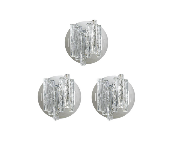 Set of 3 Italian Sconces w/ Flush Mounts w/ Clear Geometric Murano Glass c 1960s