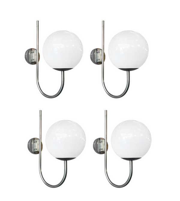 Set of Four of Vintage Italian Sconces w/Glossy White Murano Glass Globes