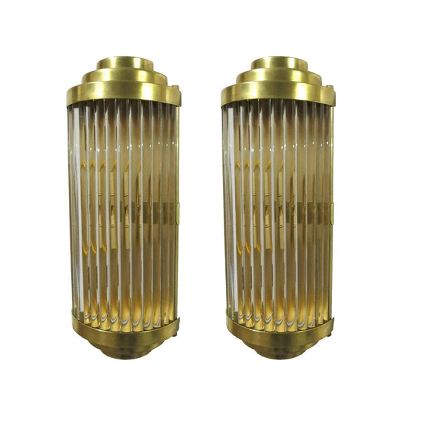 Pair of Italian Sconces in Clear Crystal w/ Bar Tubes on Polished Brass Frames