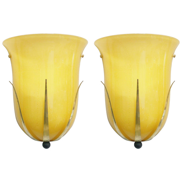 Pair of Vintage Italian Sconces w/ Hand Blown Amber Murano Glass By Leucos, c 1960s