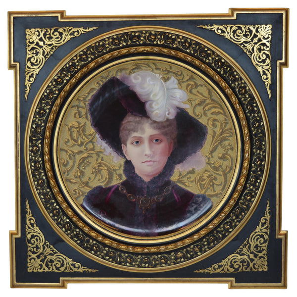 Large 1880s French Hand-painted Portrait of a Victorian Woman. Signed.