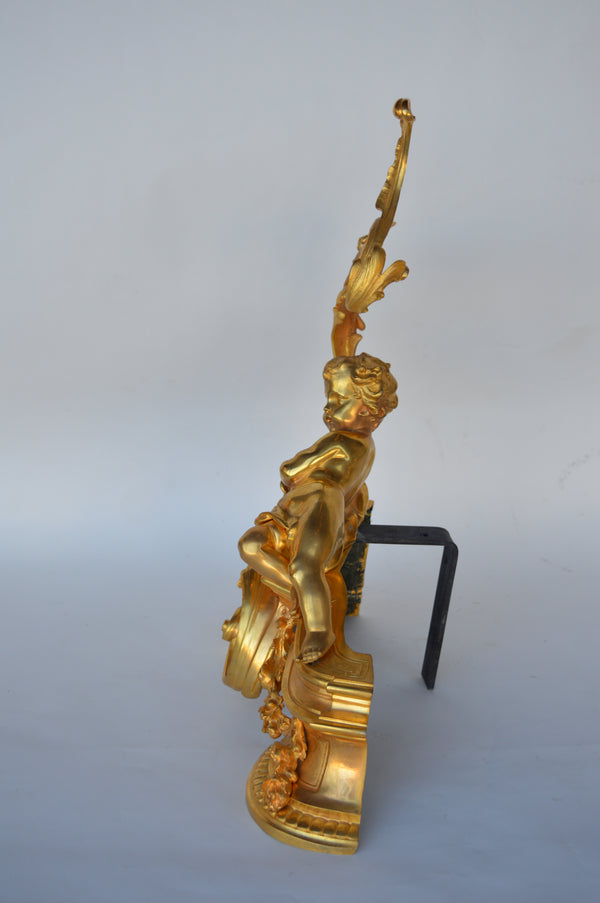 Gold Plated Louis XV Style Andiron Set, Cherub Motif