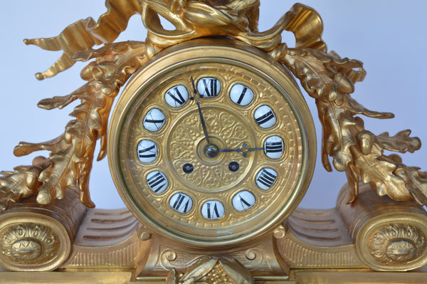 Beautiful French Antique 19th Century Bronze Gold Plated Clock with Eagle Figure. Signed.