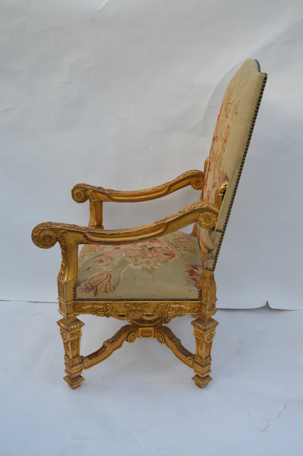 19th Century, French Neoclassical, Water gilded, Hand-carved Walnut Armchairs