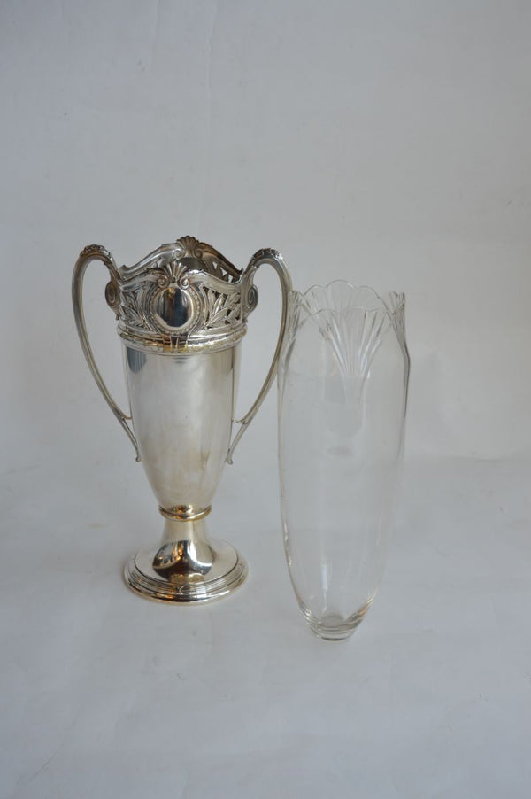 Pair of Tall Silver Urn form Vases with Glass Insert