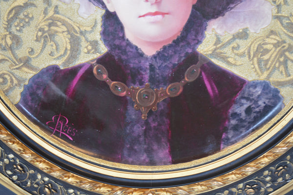 Large 1880s French Hand-painted Portrait of a Victorian Woman. Signed.