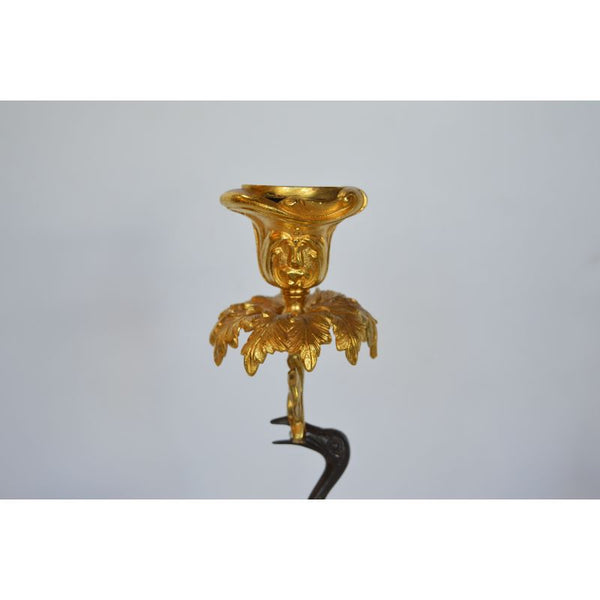 Pair of French 19th Century Gilt and Patinated Bronze Crane Candle Holders