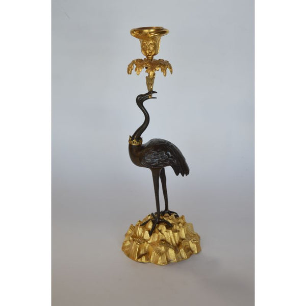Pair of French 19th Century Gilt and Patinated Bronze Crane Candle Holders
