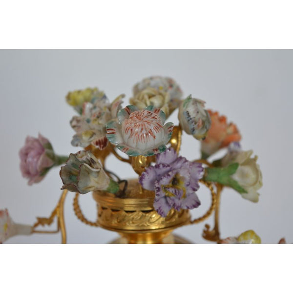 French Late 19th Century Gilt Bronze and Dark Patina Rhino Clock with Porcelain Flowering
