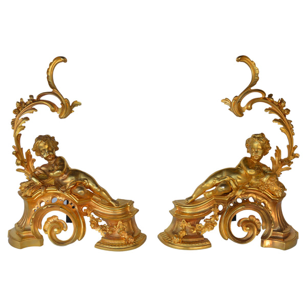Gold Plated Louis XV Style Andiron Set, Cherub Motif