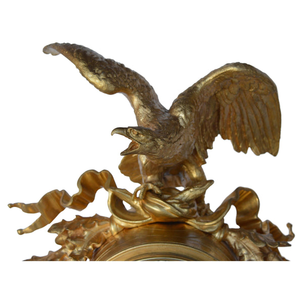 Beautiful French Antique 19th Century Bronze Gold Plated Clock with Eagle Figure. Signed.