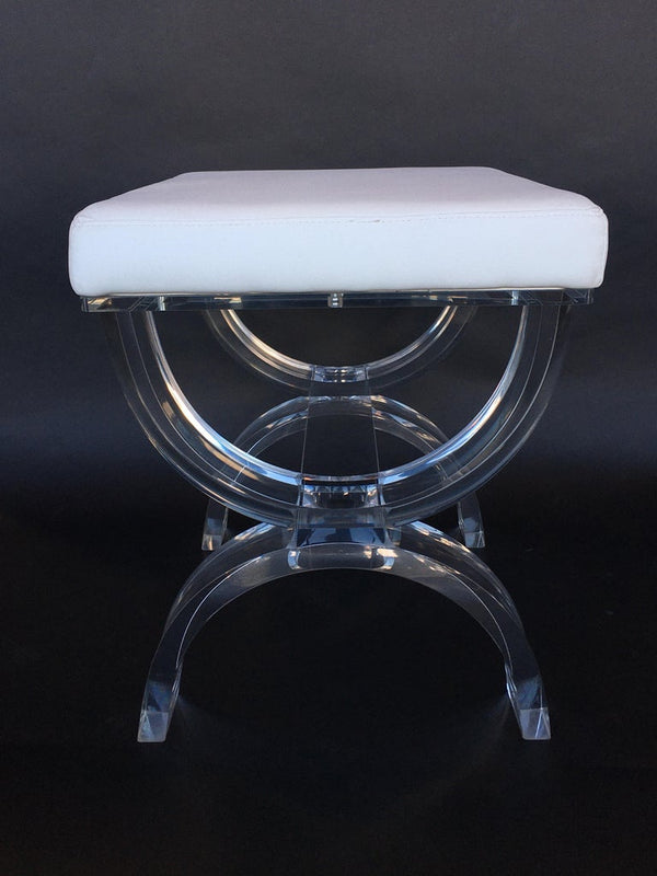 White Leather Stool with Lucite Legs