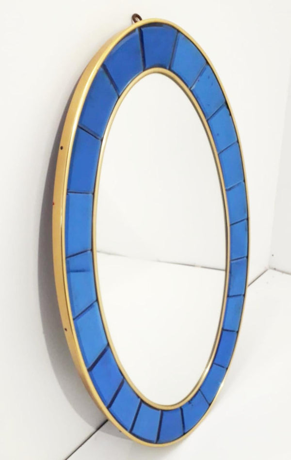 Large Vintage Mirror w/ Beveled Blue Cobalt Glass by Cristal Arte, 1950s