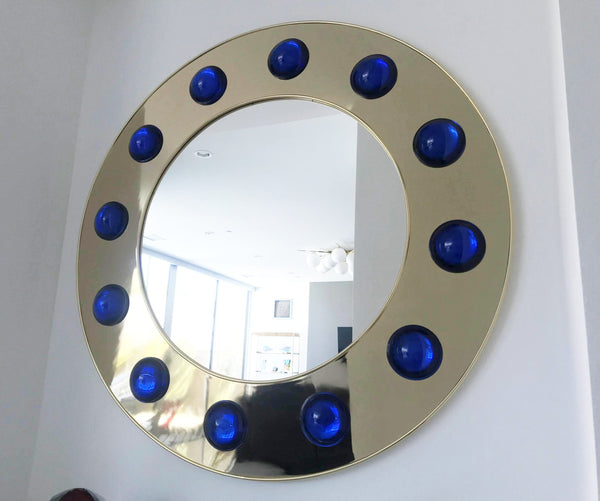 Unique Pair of Round Mirrors Polished Brass, Dark Blue Murano Glass, Italy,1980s
