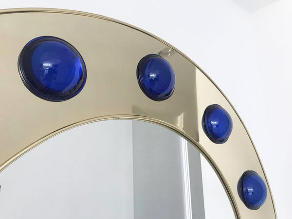 Unique Pair of Round Mirrors Polished Brass, Dark Blue Murano Glass, Italy,1980s