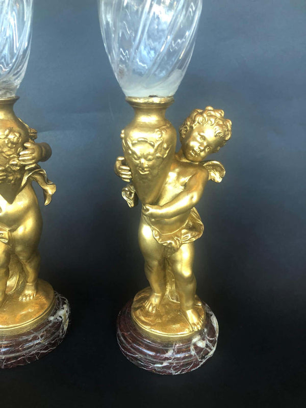 Pair of Bronze Cherubs with Glass Vases