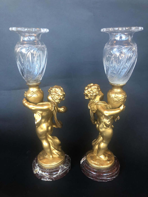 Pair of Bronze Cherubs with Glass Vases