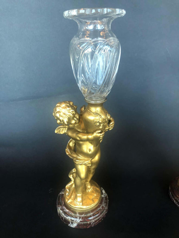 Pair of Bronze Cherubs with Glass Vases