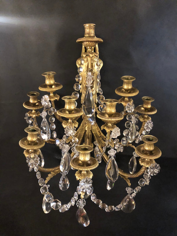Pair of Bronze and Crystal Sconces Signed by Paul Garnier