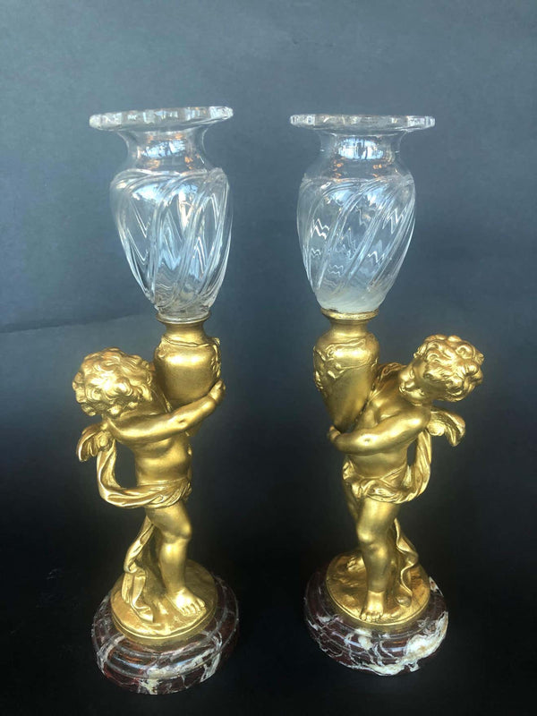 Pair of Bronze Cherubs with Glass Vases