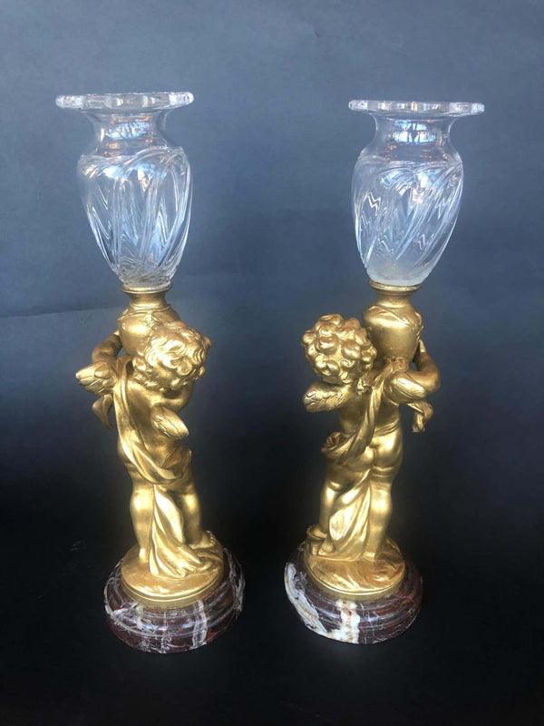 Pair of Bronze Cherubs with Glass Vases