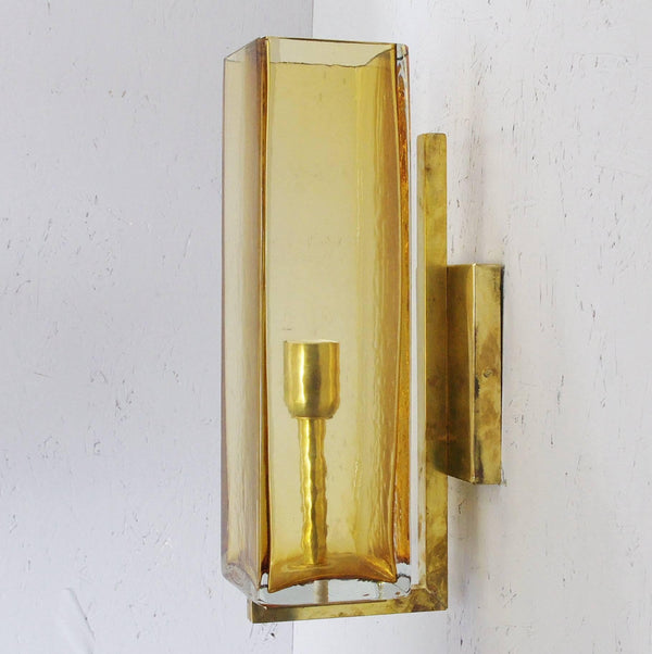 Hand Blown Amber Glass & Brass Sconces by Mazzega- Set of Three