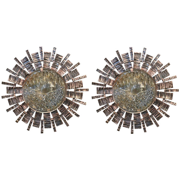 Pair of Vintage Italian Brutalist Sconces w/ Torch Cut Metal & Amber by Tom Ahlstrom & Hans Ehrich c 1970s